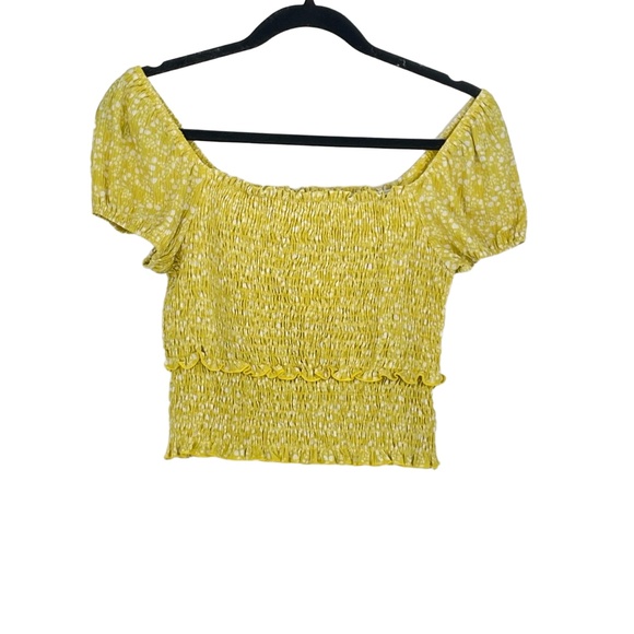 Lush Tops - Lush Womens Yellow Smocked Off Shoulder Fairy Cottage Core Demure Blouse Medium